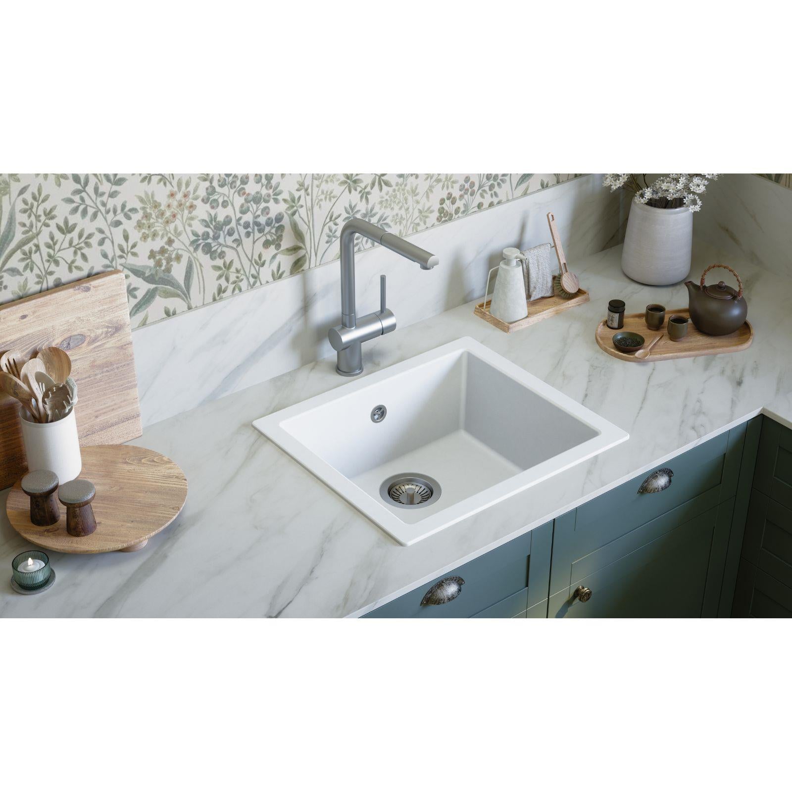 Fregadero empotrable o bajo encimera de cocina Luquicina LS50WH todo blanco – 1 seno sin escurridor – Composite BIO – 50 x 44 x 19 cm