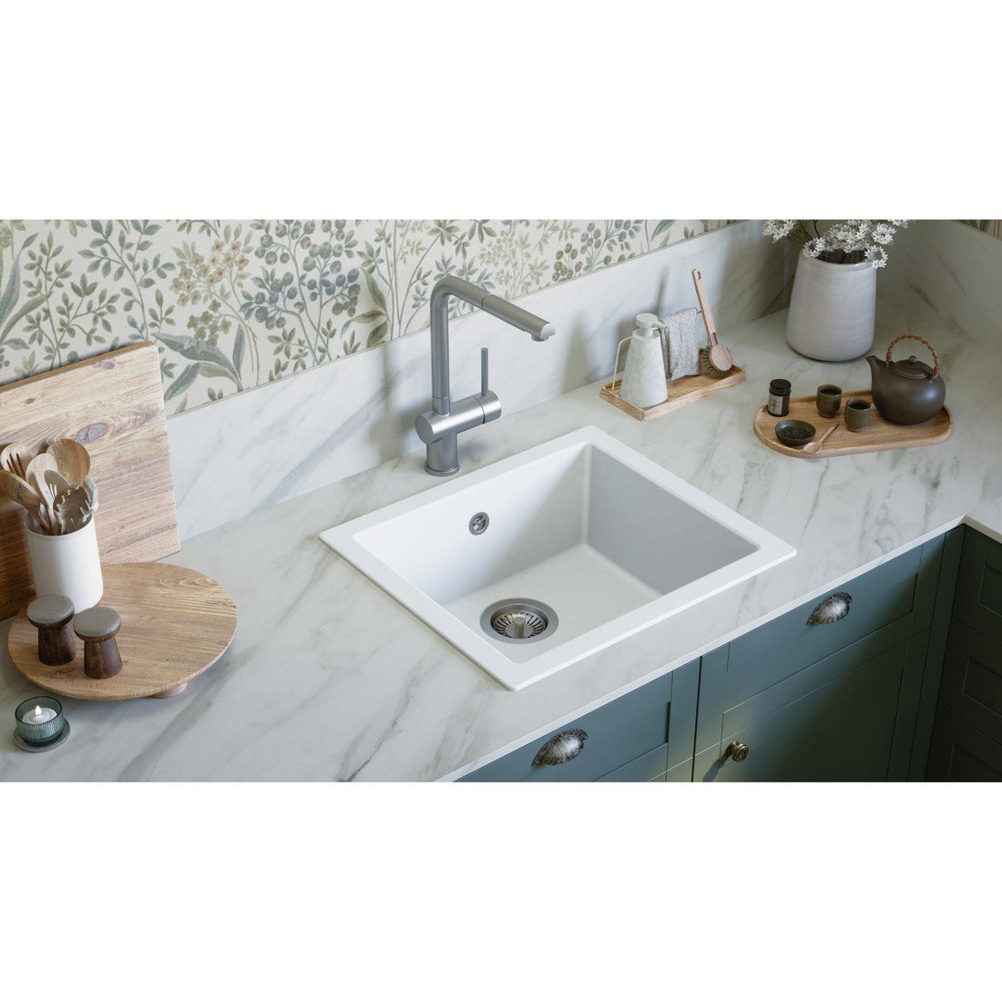 Fregadero empotrable o bajo encimera de cocina Luquicina LS50WH todo blanco – 1 seno sin escurridor – Composite BIO – 50 x 44 x 19 cm