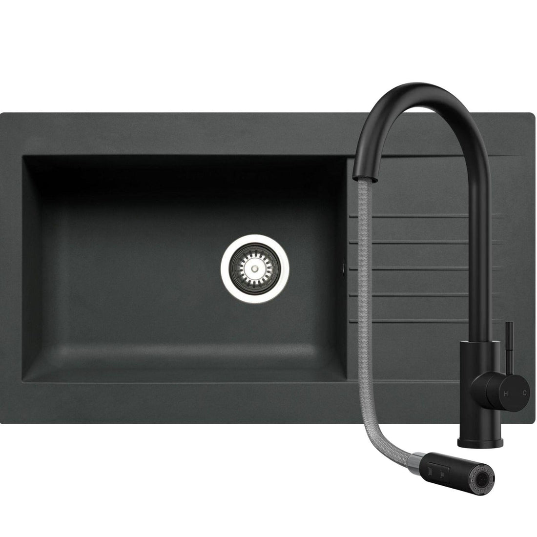 Luquicina LD1BL – 1XL Inset Composite Black Reversible Kitchen Sink with Drainer & LE453MB Pull Out Mono Black Kitchen Mixer Tap