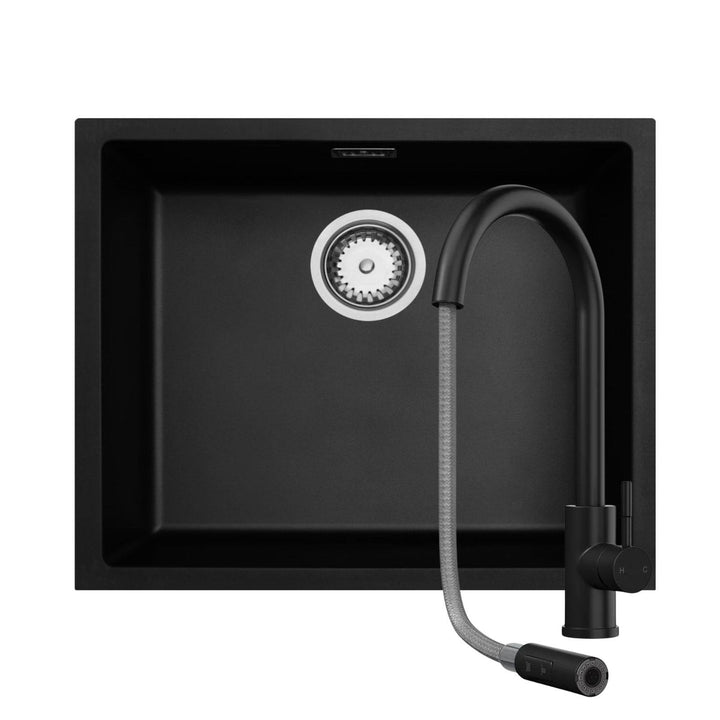 Luquicina LD54BL – 1.0 Black Composite Kitchen Sink without Drainer & LE453MB Pull Out Black Kitchen Mixer Tap