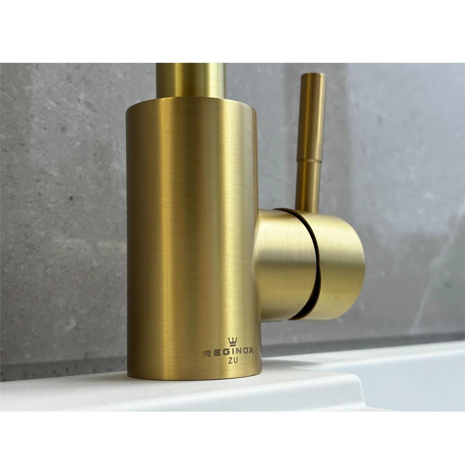 Reginox SALINA BG – Grifo monomando de cocina de cuello cuadrado en dorado cepillado 