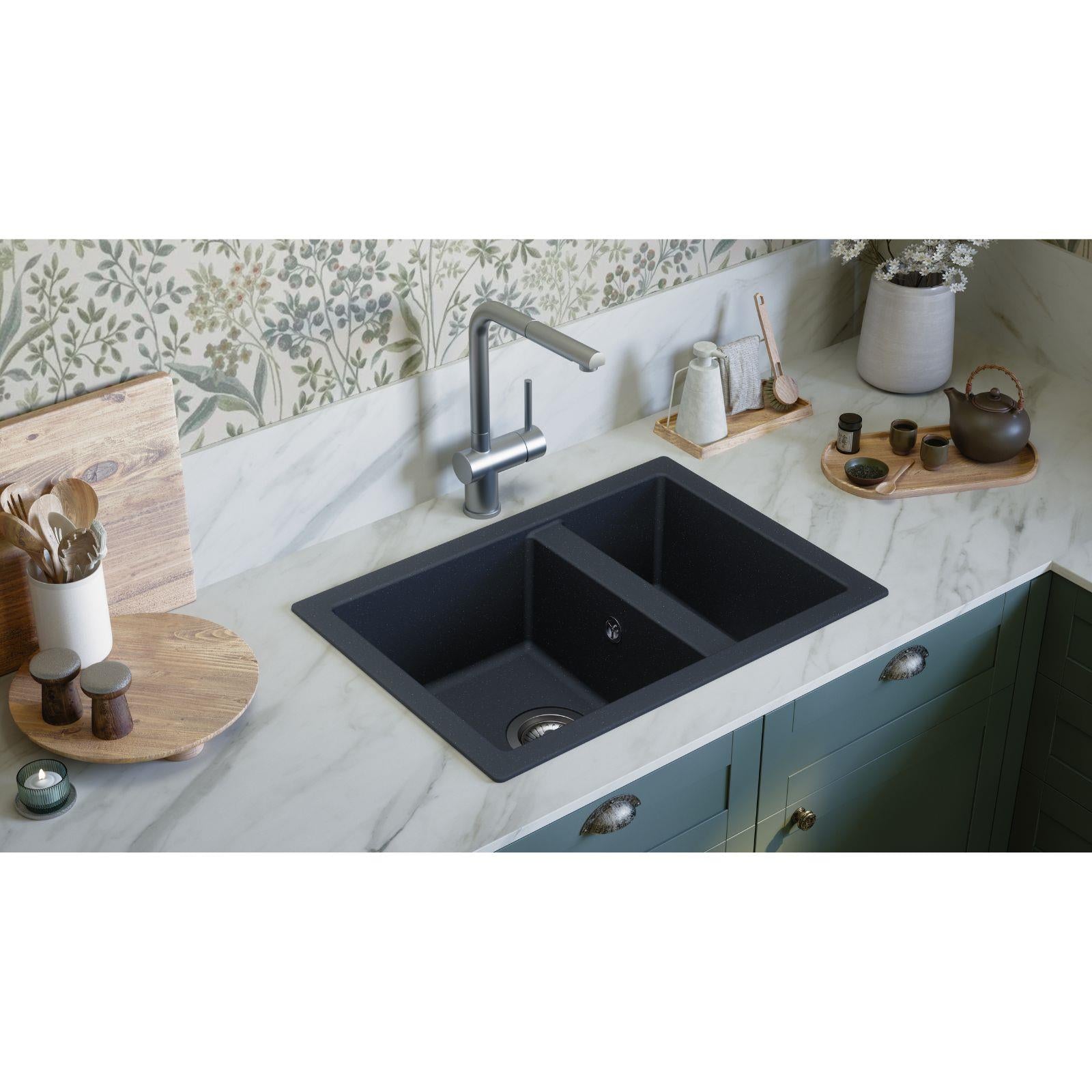Fregadero empotrable o bajo encimera de cocina Luquicina LS62BL todo negro – 1,5 senos sin escurridor – Composite BIO – 62 x 44 x 19 cm