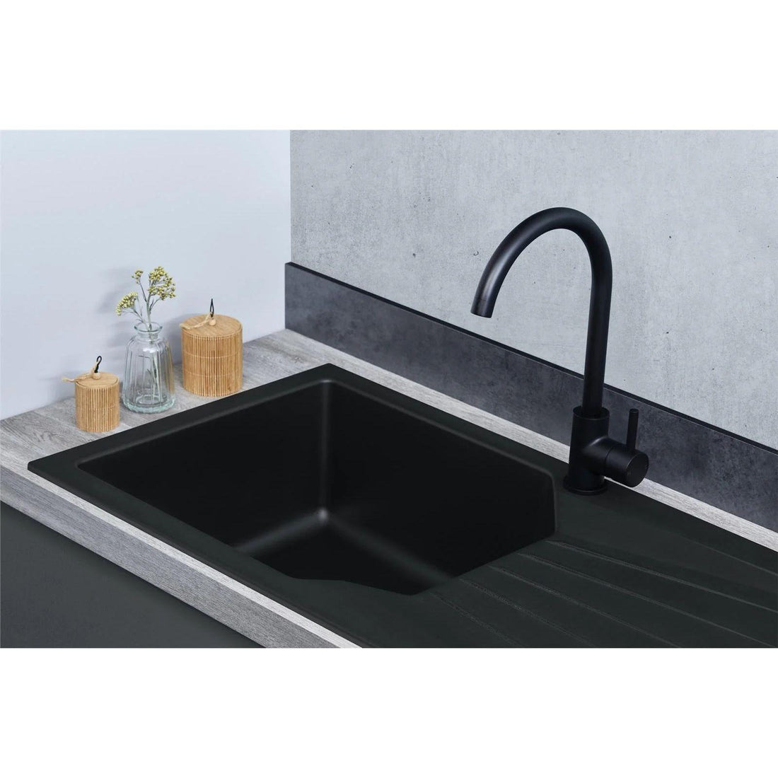 Luquicina LD780BL – Fregadero de cocina reversible de composite de 1,0 senos, color negro, con desagüe y escurridor 