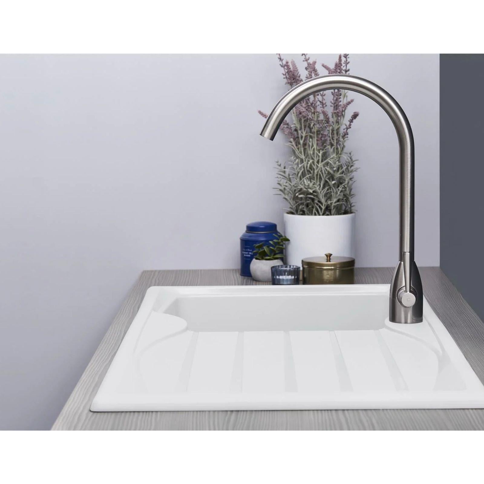 Luquicina LC10WH – Fregadero de cocina reversible de 1 seno con escurridor, blanco