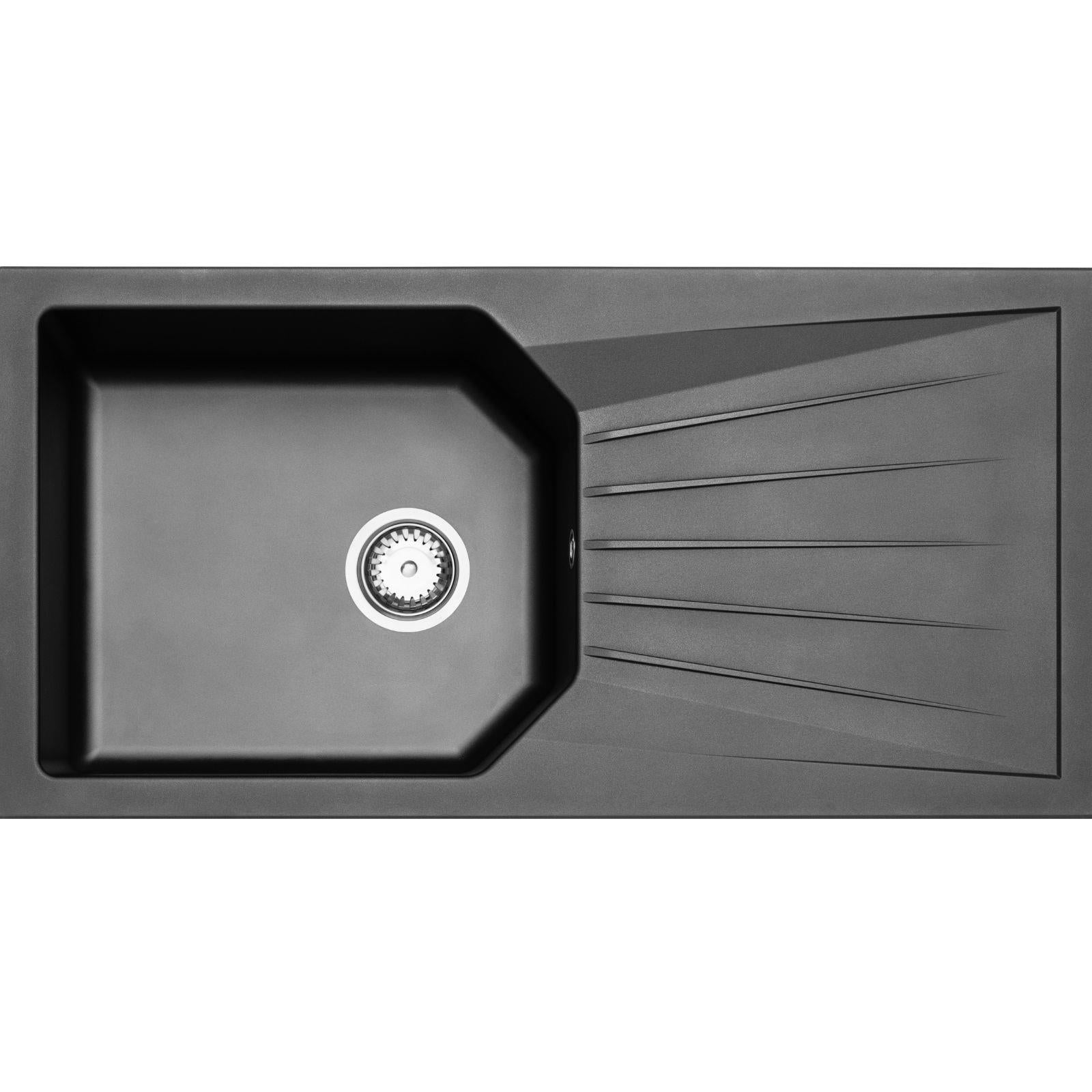 Luquicina LD100BL – Fregadero de cocina reversible de 1 cubeta XL con escurridor, color negro 