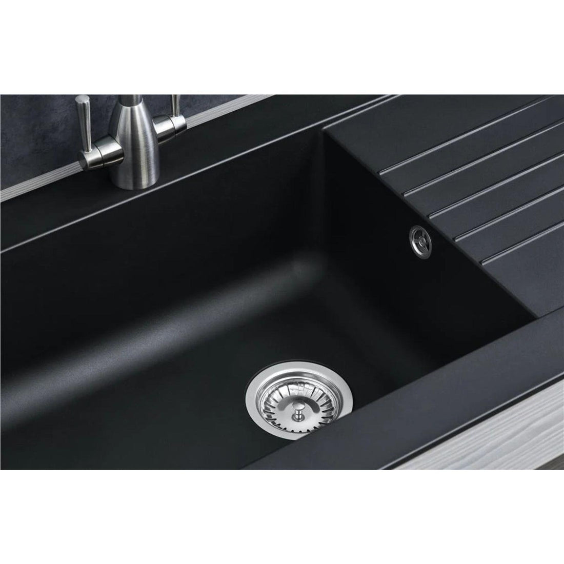 Luquicina LD860BL – Fregadero de cocina reversible de composite de 1 cubeta, color negro, con desagüe incluido 