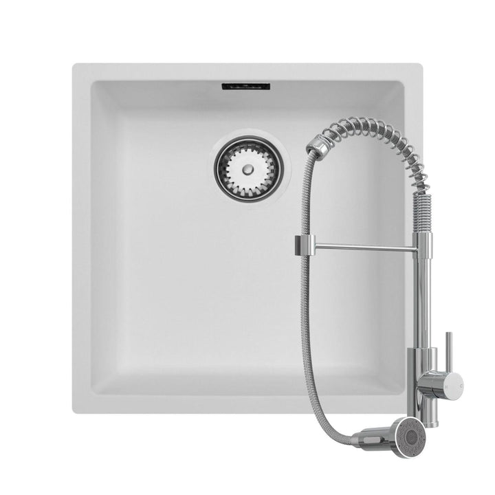 Luquicina LD44WH – 1.0 Bowl No Drainer Reversible Composite Kitchen Sink & LE594CH Chrome Kitchen Mixer Tap With Pull Out Spray Head