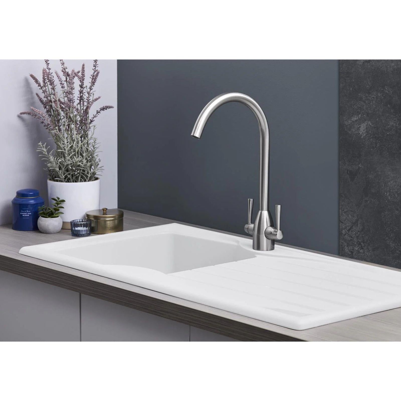 Luquicina LC10WH – Fregadero de cocina reversible de 1 seno con escurridor, blanco