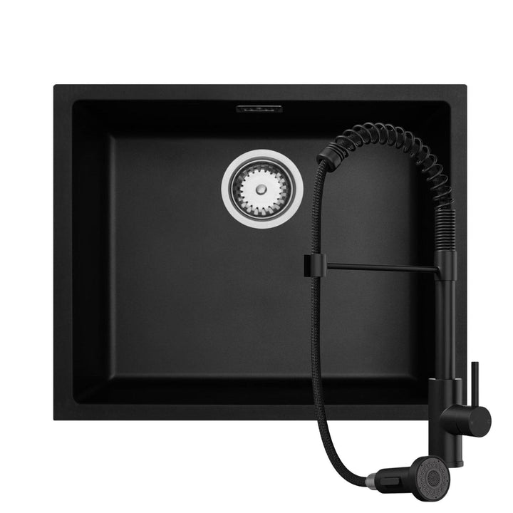 Luquicina LD54BL – 1.0 Black Composite Kitchen Sink without Drainer & LE592MB Black Kitchen Mixer Tap With Pull Out Spray Head