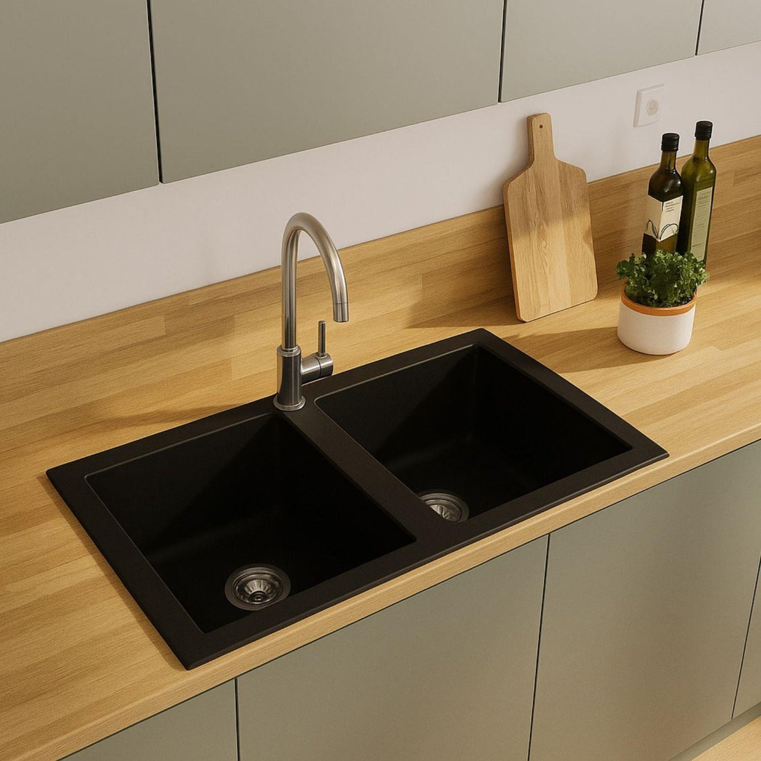 Luquicina LD85BL – Fregadero de cocina de 2 senos de composite negro sin escurridor 