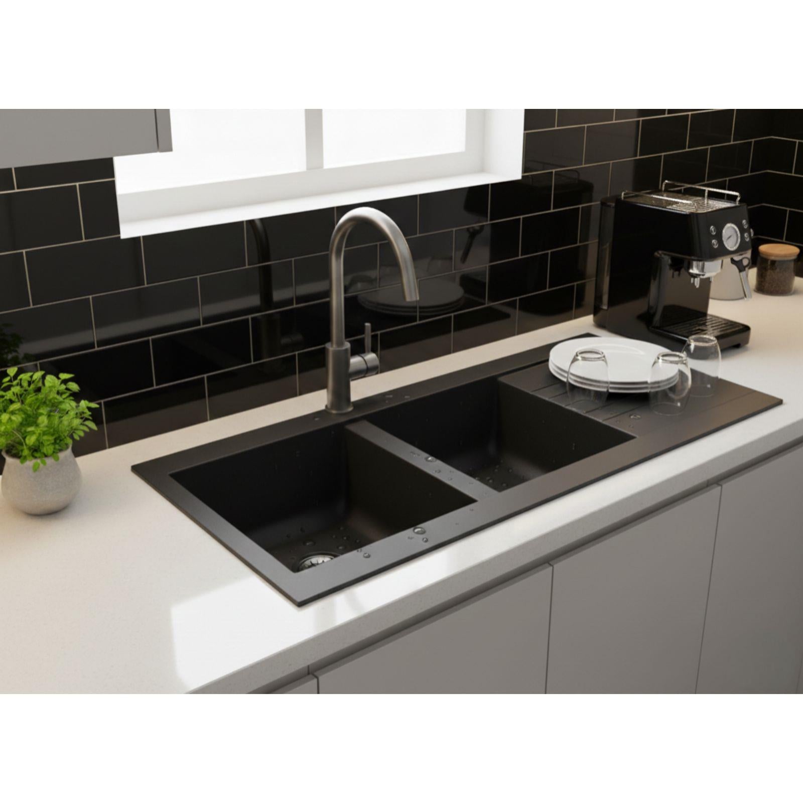 Luquicina LD2BL – Fregadero reversible de composite de 2 senos con desagüe, color negro 