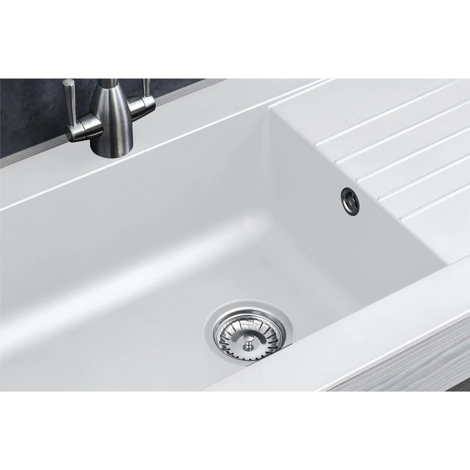 Luquicina LD860WH – Fregadero de cocina reversible blanco de 1 cubeta de composite con desagüe 