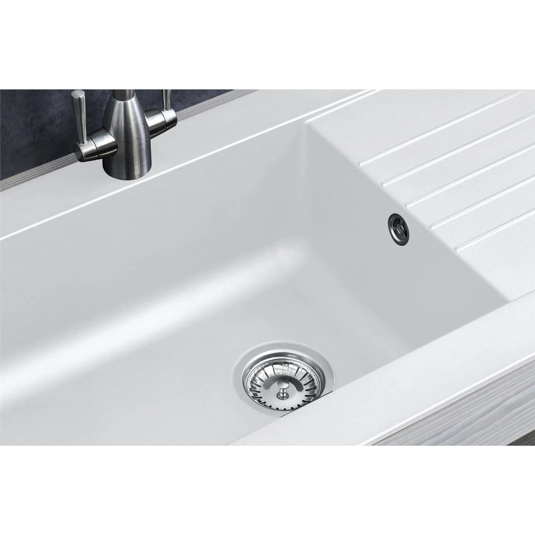 Luquicina LD860WH – Fregadero de cocina reversible blanco de 1 cubeta de composite con desagüe 