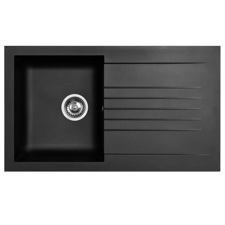 Luquicina LD860BL – Fregadero de cocina reversible de composite de 1 cubeta, color negro, con desagüe incluido 