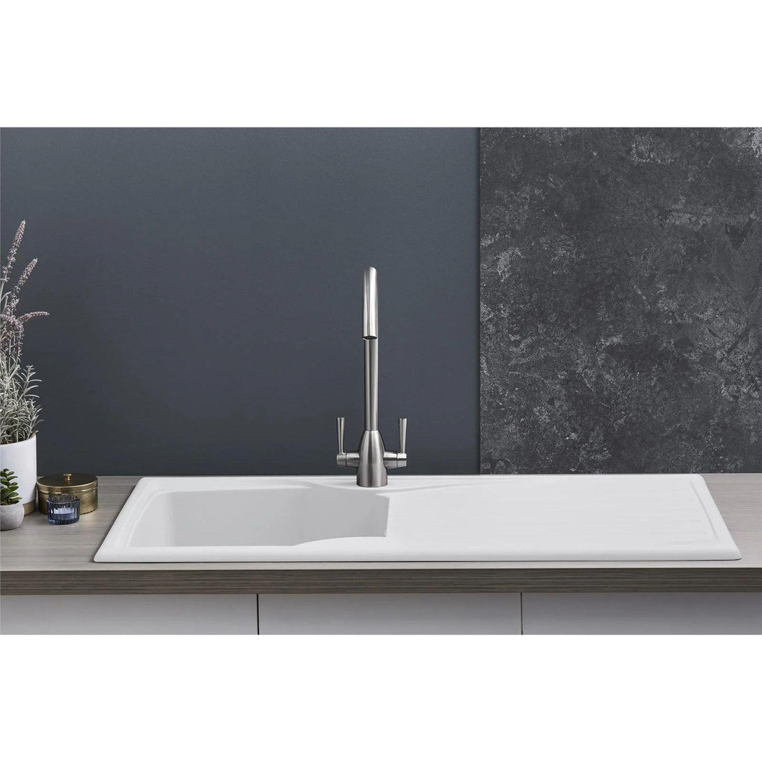 Luquicina LC10WH – Fregadero de cocina reversible de 1 seno con escurridor, blanco