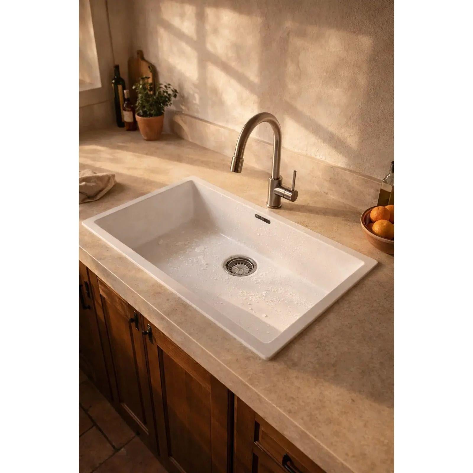 Luquicina LD740WH – Fregadero de cocina blanco de 1,0 senos, de composite, para empotrar o bajo encimera, sin escurridor