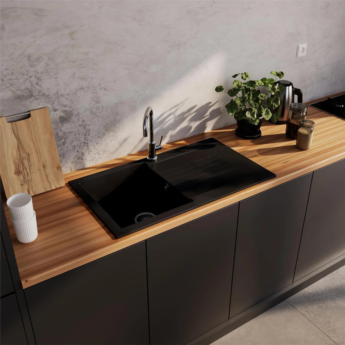 Luquicina LD860BL – Fregadero de cocina reversible de composite de 1 cubeta, color negro, con desagüe incluido 