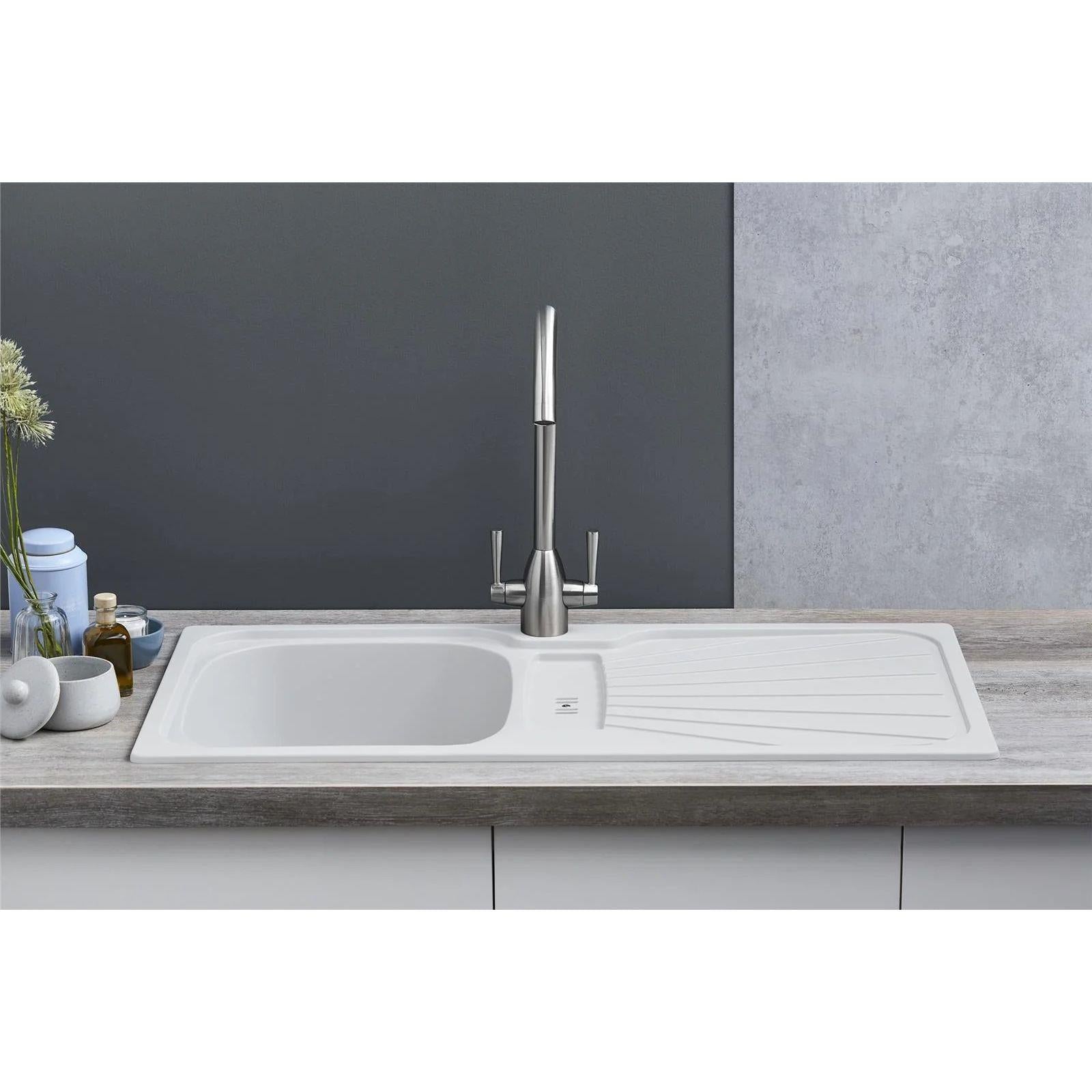 Luquicina LC5WH – Fregadero de cocina reversible de 1,0 senos con desagüe, blanco 