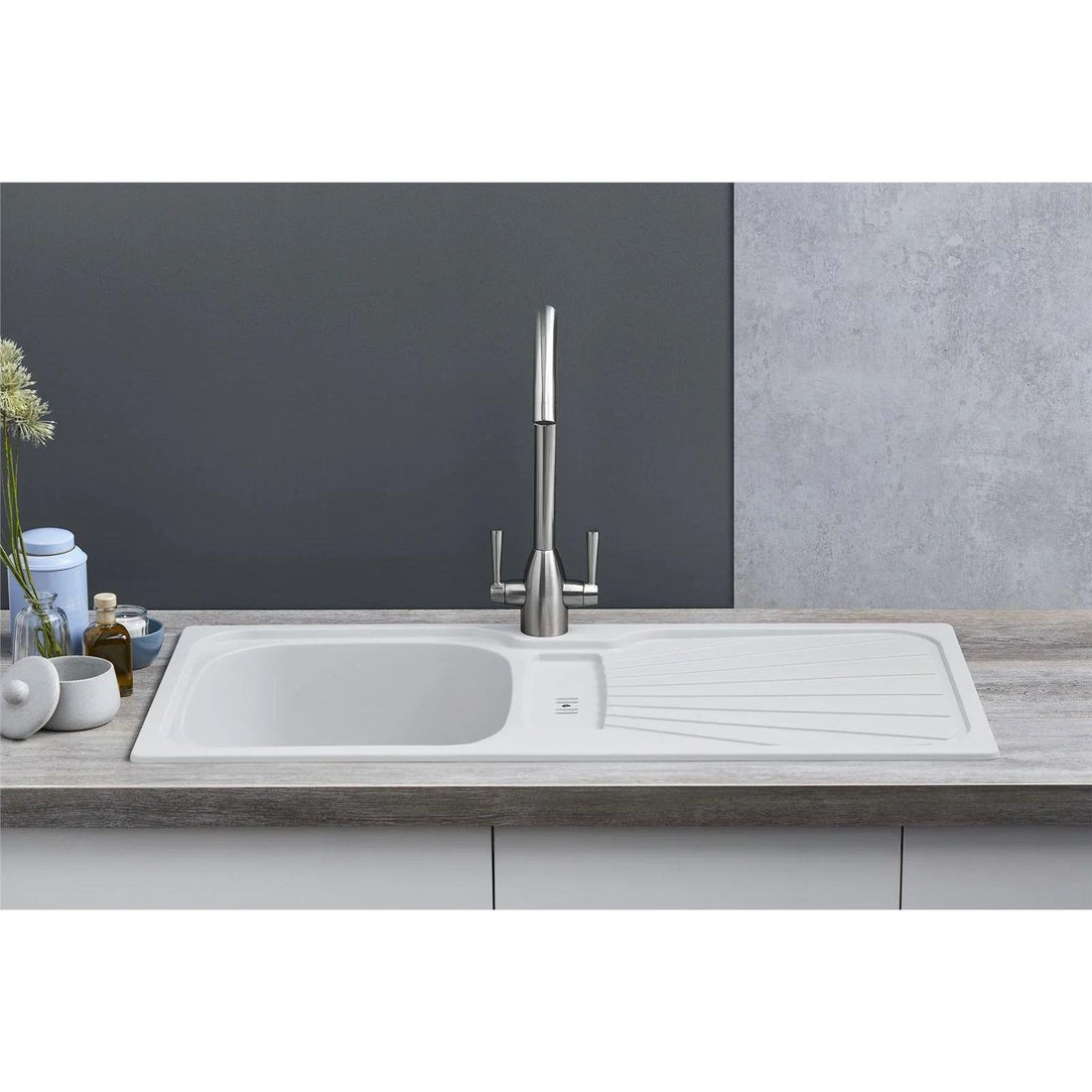 Luquicina LC5WH – Fregadero de cocina reversible de 1,0 senos con desagüe, blanco 