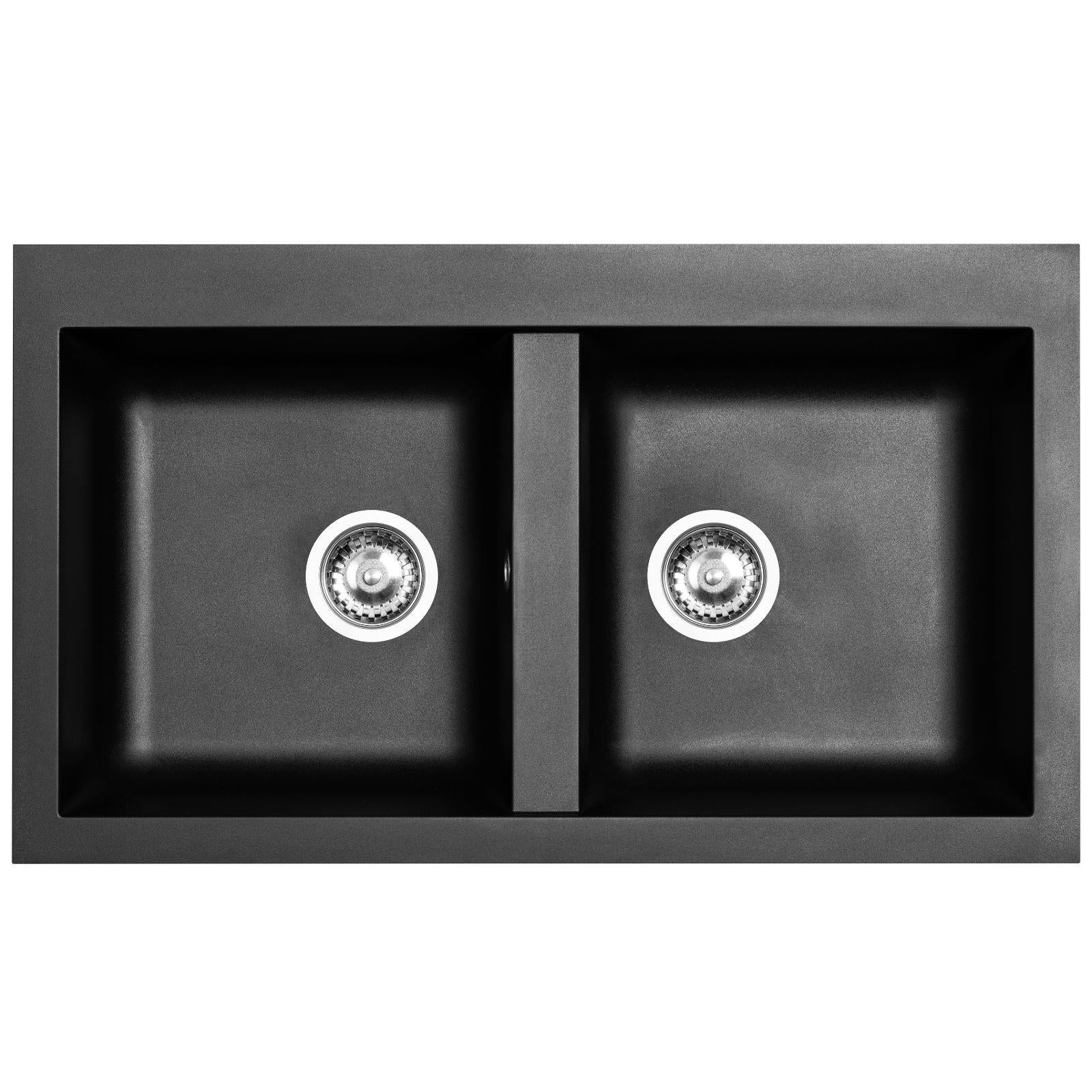 Luquicina LD85BL – Fregadero de cocina de 2 senos de composite negro sin escurridor 