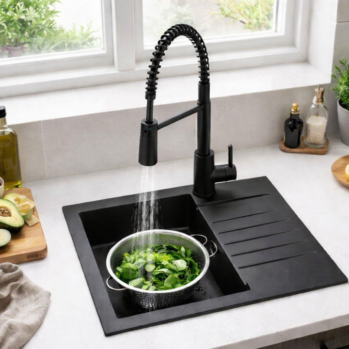 Luquicina LD65BL – Fregadero de cocina reversible de composite de 1.0" con escurridor, color negro 