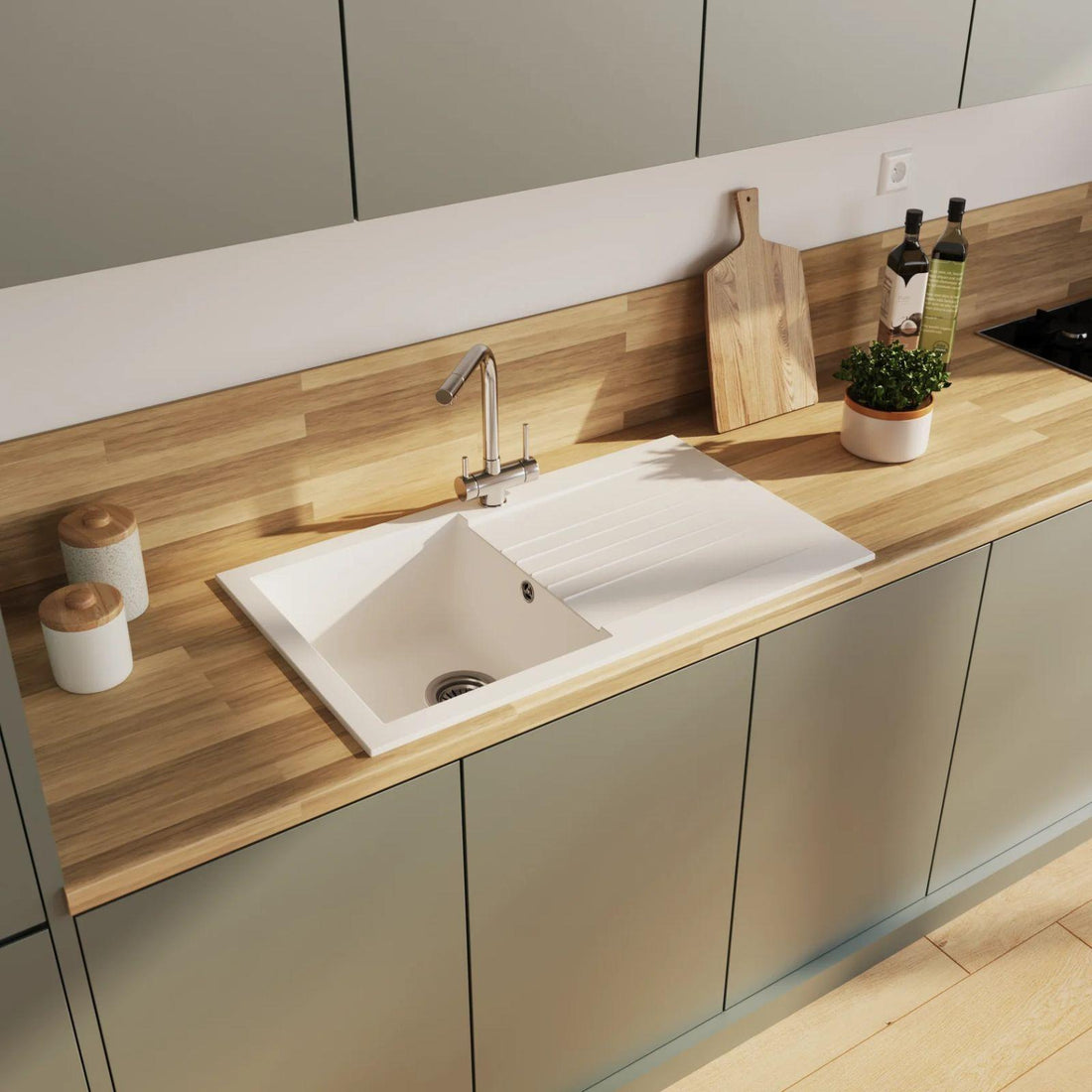 Luquicina LD860WH – Fregadero de cocina reversible blanco de 1 cubeta de composite con desagüe 