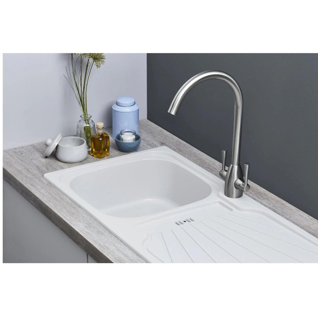 Luquicina LC5WH – Fregadero de cocina reversible de 1,0 senos con desagüe, blanco 