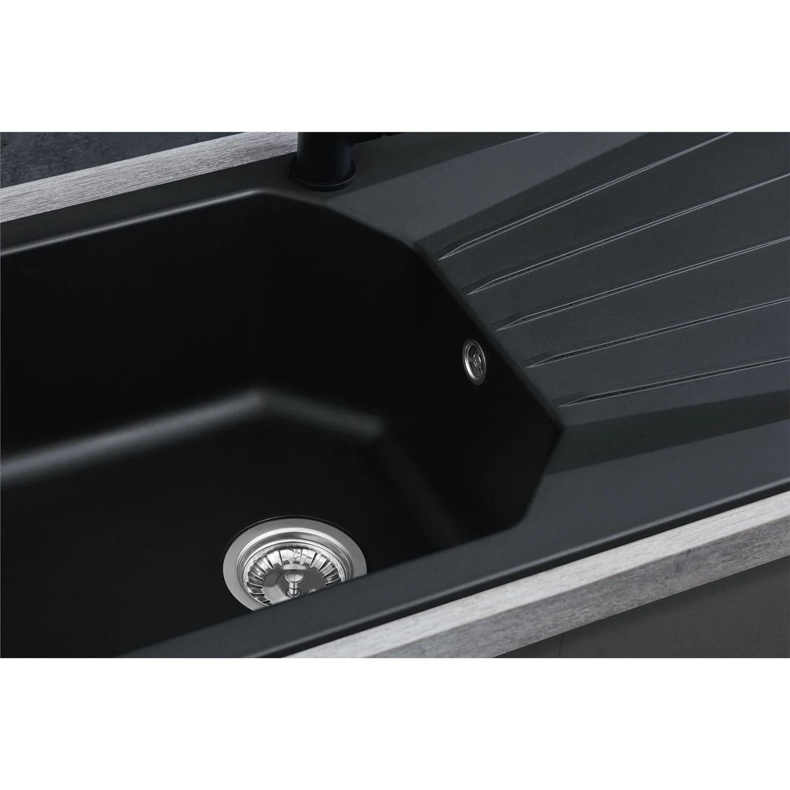 Luquicina LD780BL – Fregadero de cocina reversible de composite de 1,0 senos, color negro, con desagüe y escurridor 