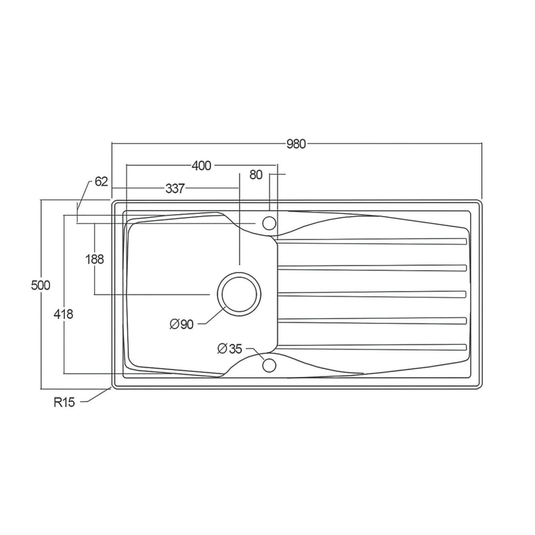 Luquicina LC10WH – Fregadero de cocina reversible de 1 seno con escurridor, blanco