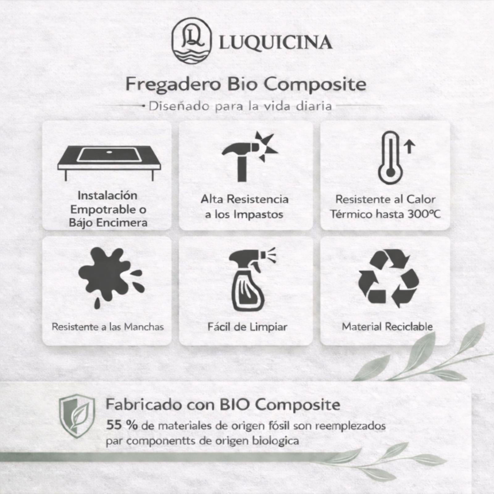 Luquicina LD740WH – Fregadero de cocina blanco de 1,0 senos, de composite, para empotrar o bajo encimera, sin escurridor
