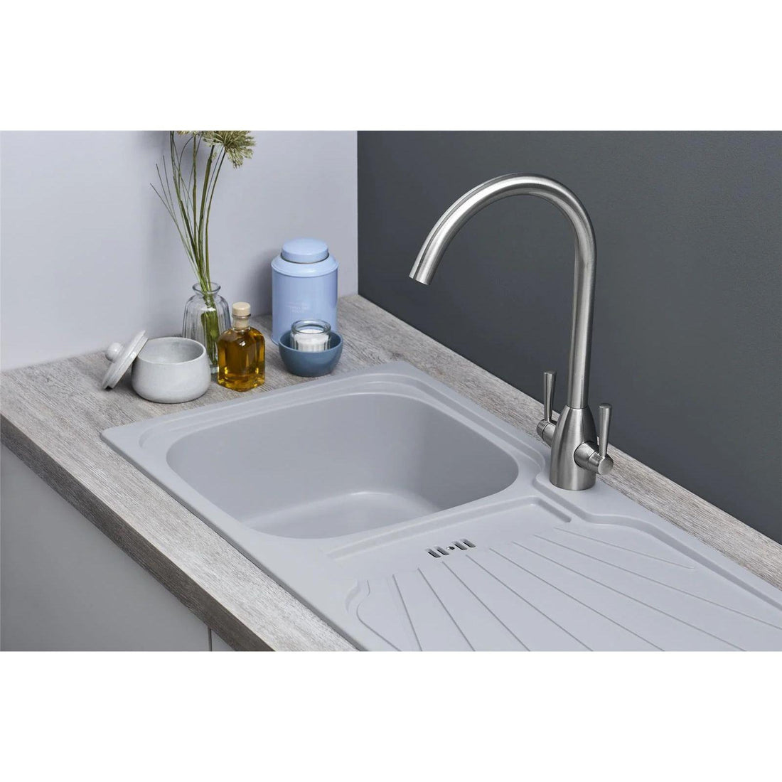 Luquicina LC5LG – Fregadero de cocina reversible de 1,0 senos con desagüe, encastrable, color gris claro 