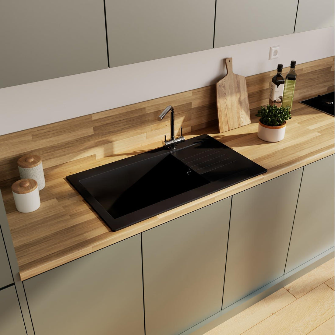 Fregadero de cocina reversible Luquicina LD1BL – 1XL de composite negro con escurridor pequeño 