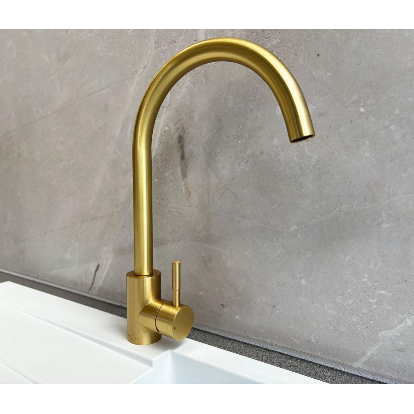 Reginox TARAVO BG – Grifo monomando de cocina de cuello de cisne en oro cepillado 