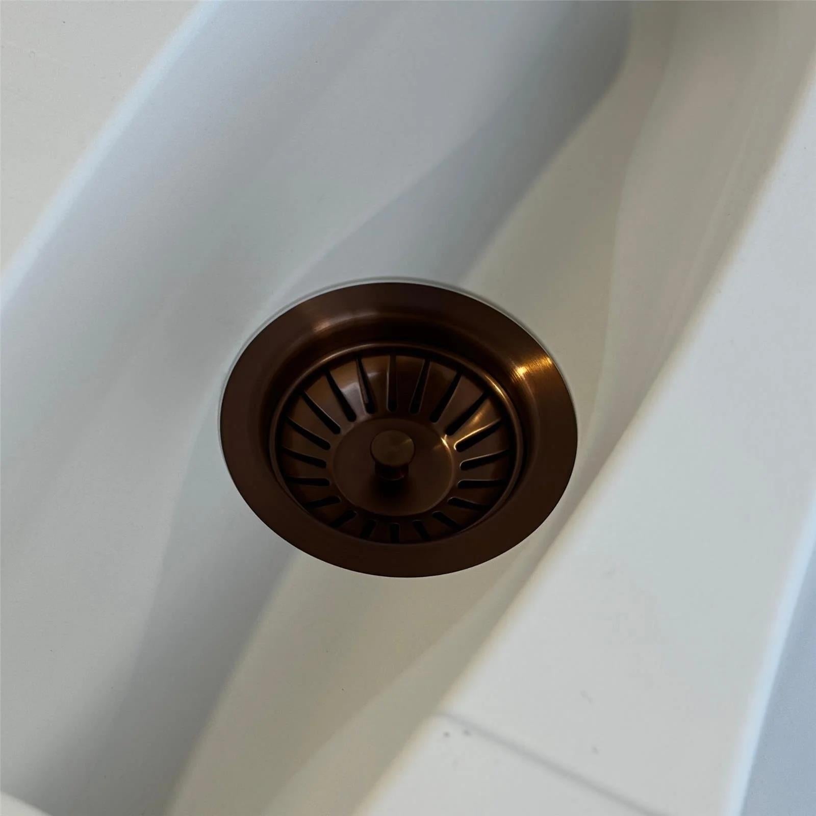 Luquicina LED2CP – Colador de desagüe para fregadero de cocina de acero inoxidable y cobre satinado con rebosadero