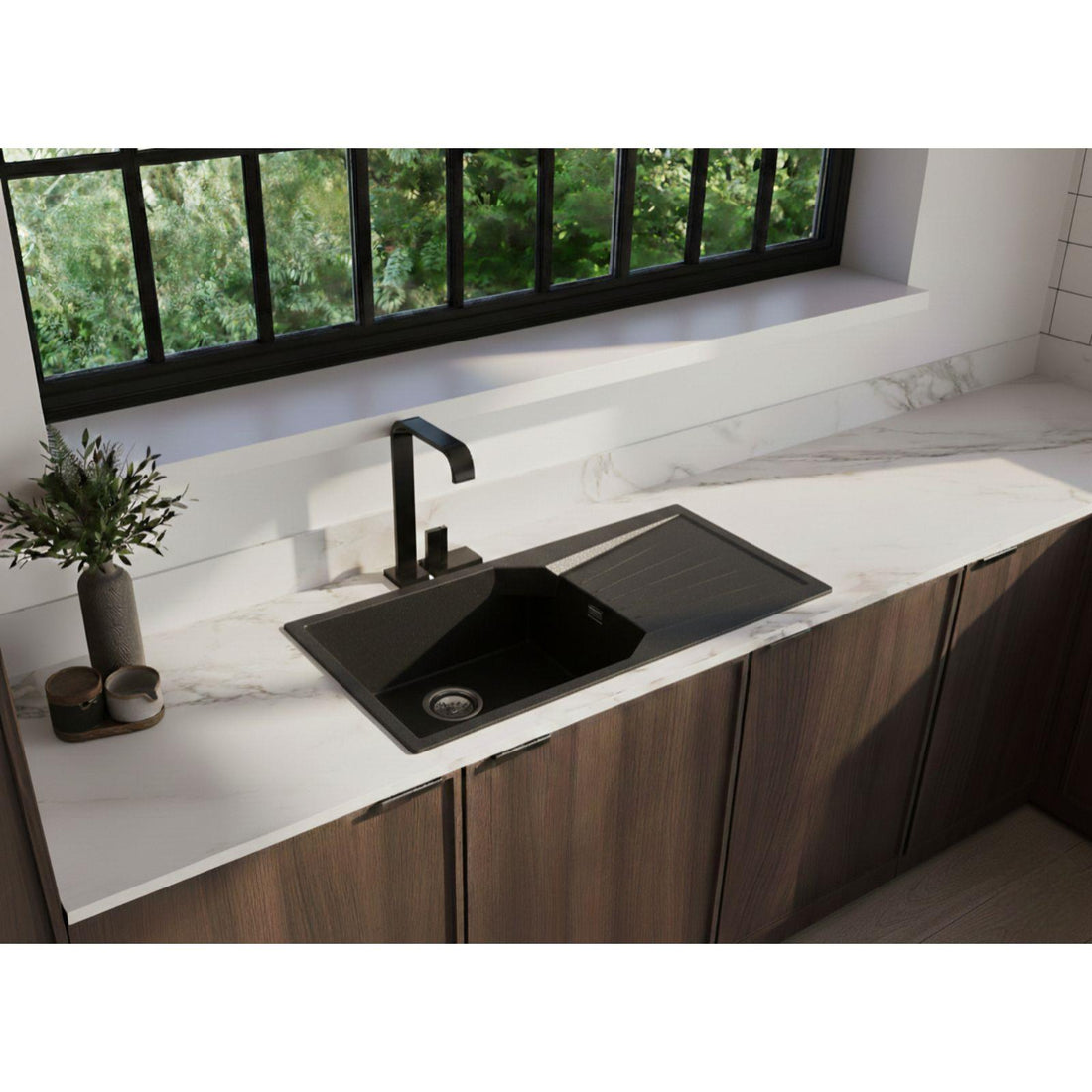 Luquicina LD100BL – Fregadero de cocina reversible de 1 cubeta XL con escurridor, color negro 