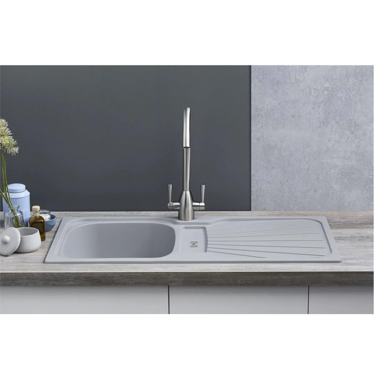 Luquicina LC5LG – Fregadero de cocina reversible de 1,0 senos con desagüe, encastrable, color gris claro 