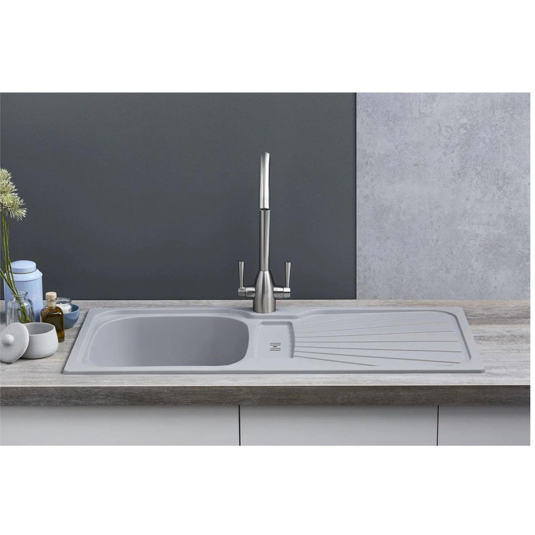 Luquicina LC5LG – Fregadero de cocina reversible de 1,0 senos con desagüe, encastrable, color gris claro 