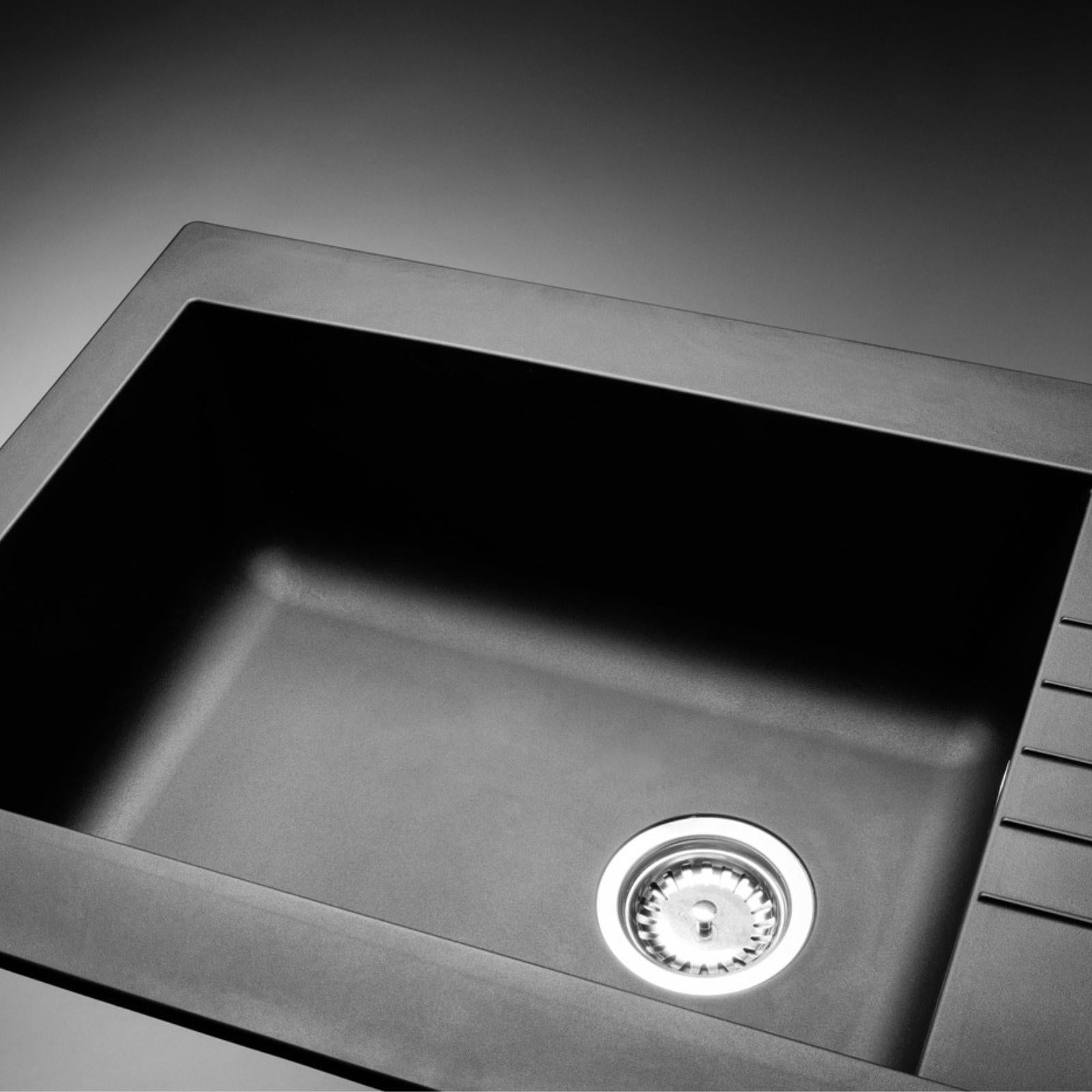 Fregadero de cocina reversible Luquicina LD1BL – 1XL de composite negro con escurridor pequeño 