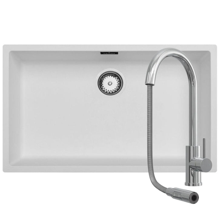 Luquicina LD740WH – 1.0 Bowl Black Composite Kitchen Sink without Drainer & LE452CH Pull Out Chrome Kitchen Mixer Tap