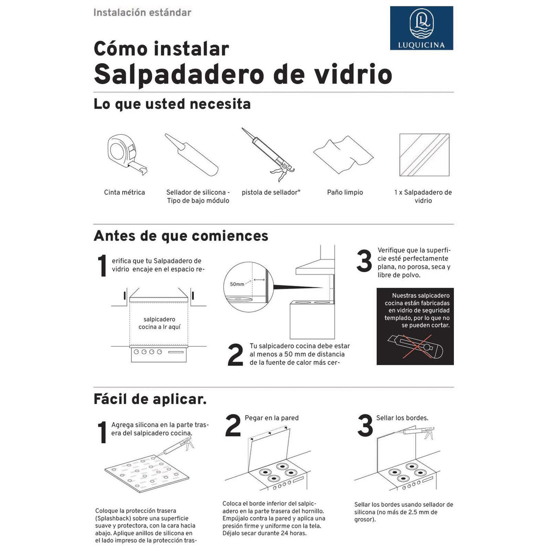 Luquicina LUQ900750TILES - Azulejos de vidrio premium de 6 mm para cocina, 90 cm, bordes pulidos y templados 