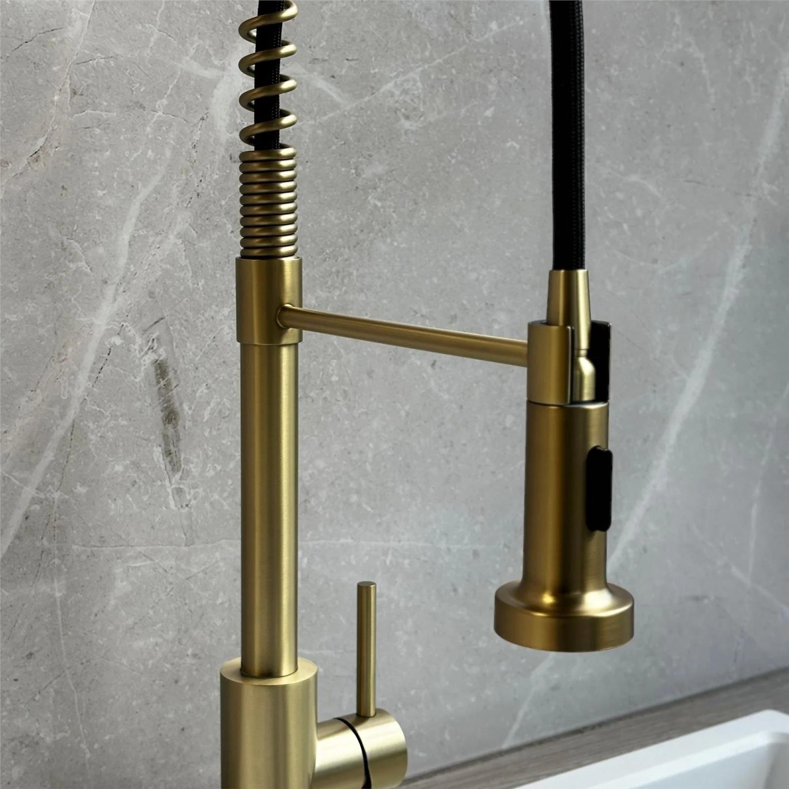 Luquicina LE595BR – Grifo mezclador de cocina de latón cepillado con resorte y rociador extraíble 