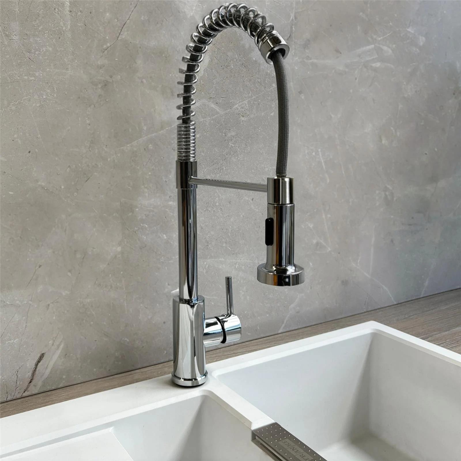 Luquicina LE594CH – Grifo mezclador de cocina cromado con resorte y rociador extraíble 