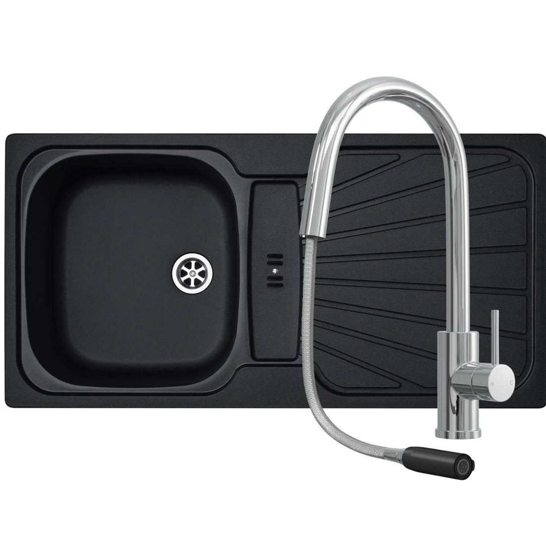 Fregadero de cocina reversible Luquicina LC5BL 1.0 negro y grifo monomando extraíble LE11CH cromado 