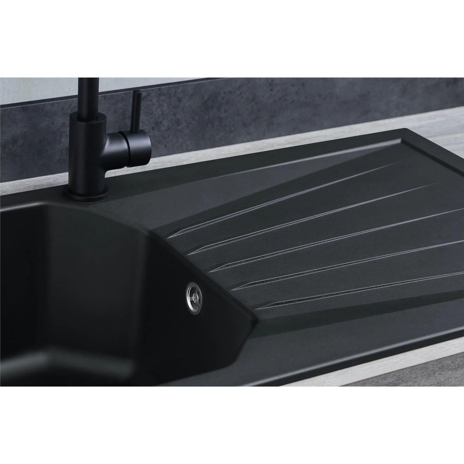 Luquicina LD780BL – Fregadero de cocina reversible de composite de 1,0 senos, color negro, con desagüe y escurridor 