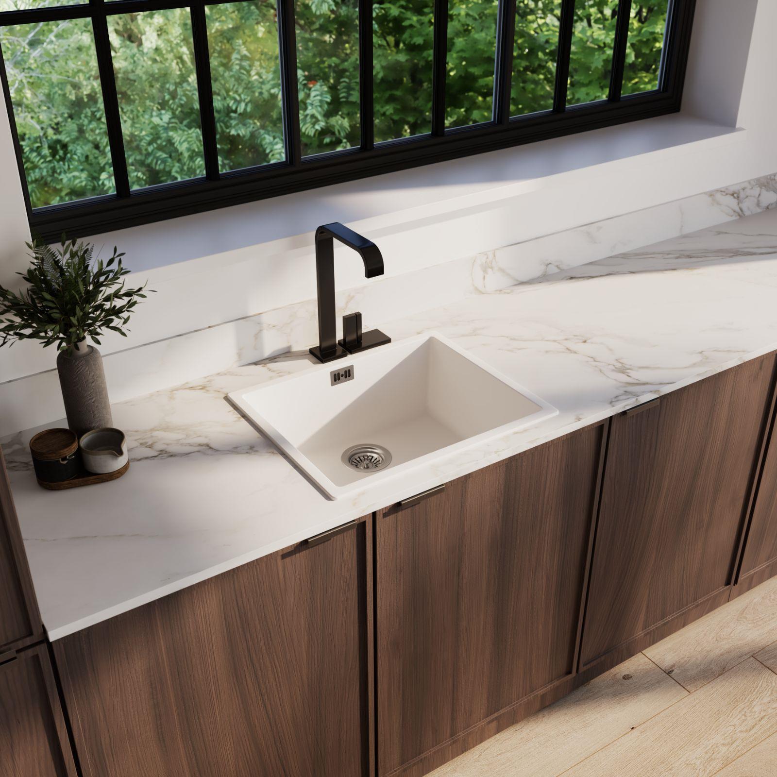 Luquicina LD44WH – Fregadero de cocina reversible de composite, blanco, de 1,0 senos, sin escurridor, para empotrar o bajo encimera