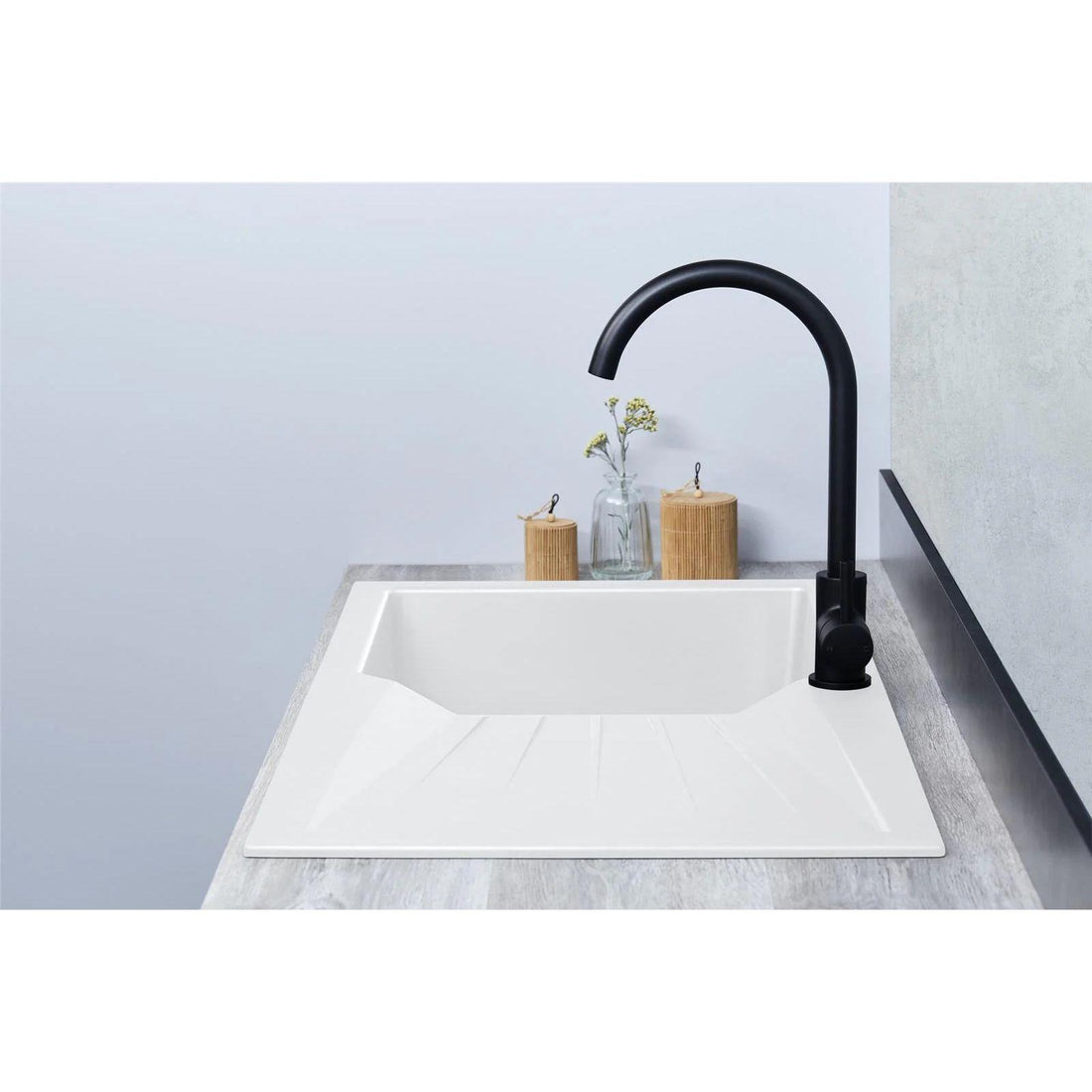 Luquicina LD780WH – Fregadero de cocina reversible blanco de 1.0 senos de composite con desagüe y escurridor 