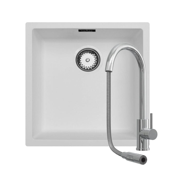 Luquicina LD44WH – 1.0 Bowl No Drainer Reversible Composite Kitchen Sink & LE452CH – Pull Out  Mixer Chrome Kitchen Mixer Tap