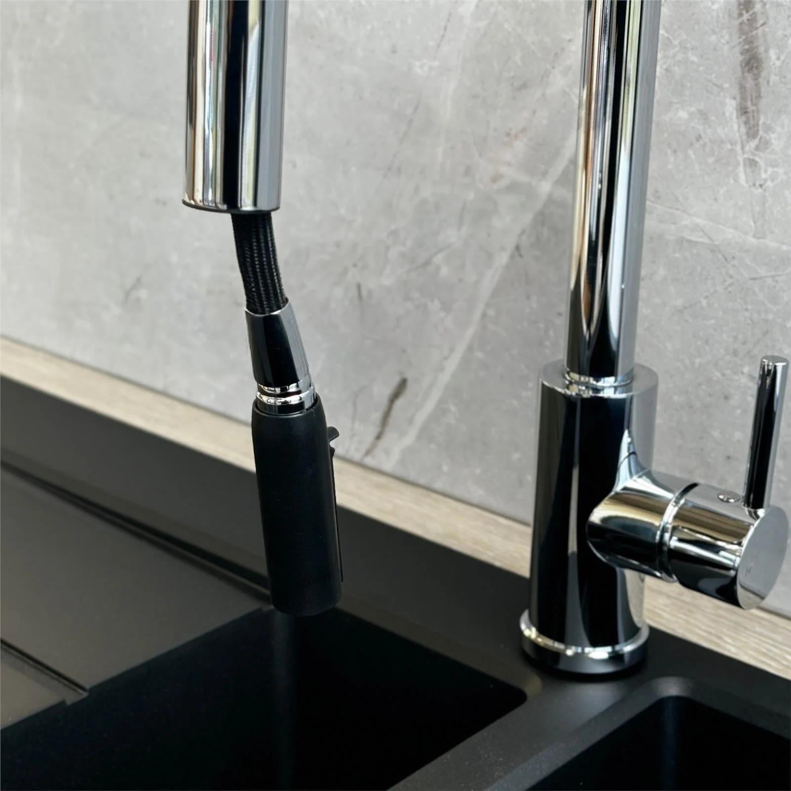 Fregadero de cocina reversible Luquicina LC5BL 1.0 negro y grifo monomando extraíble LE11CH cromado 