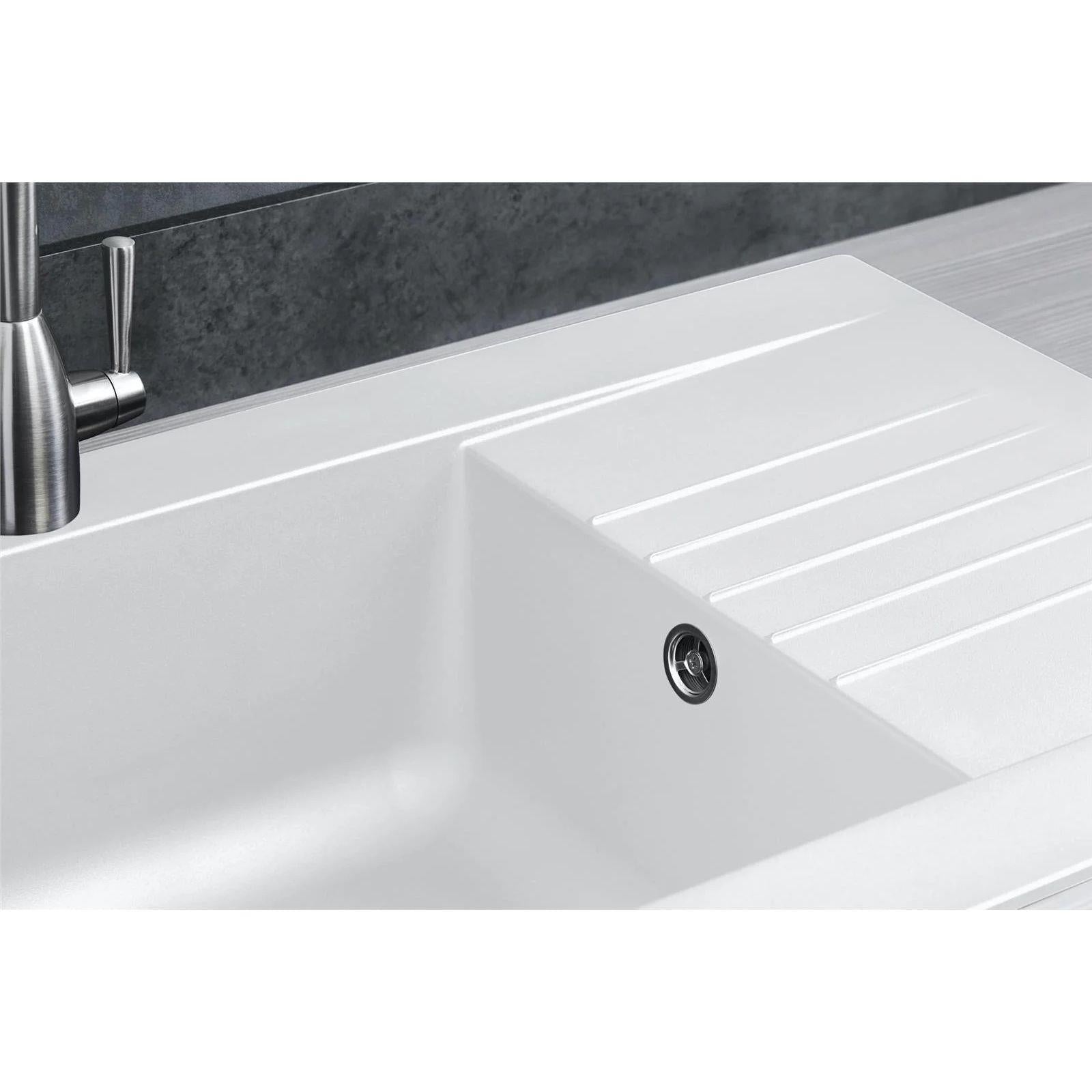 Luquicina LD860WH – Fregadero de cocina reversible blanco de 1 cubeta de composite con desagüe 