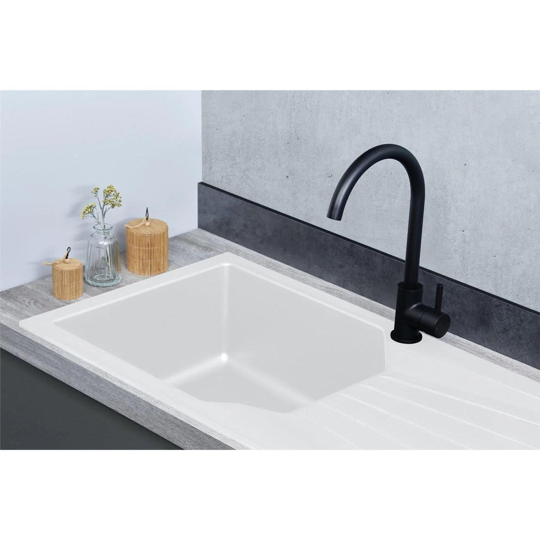 Luquicina LD780WH – Fregadero de cocina reversible blanco de 1.0 senos de composite con desagüe y escurridor 